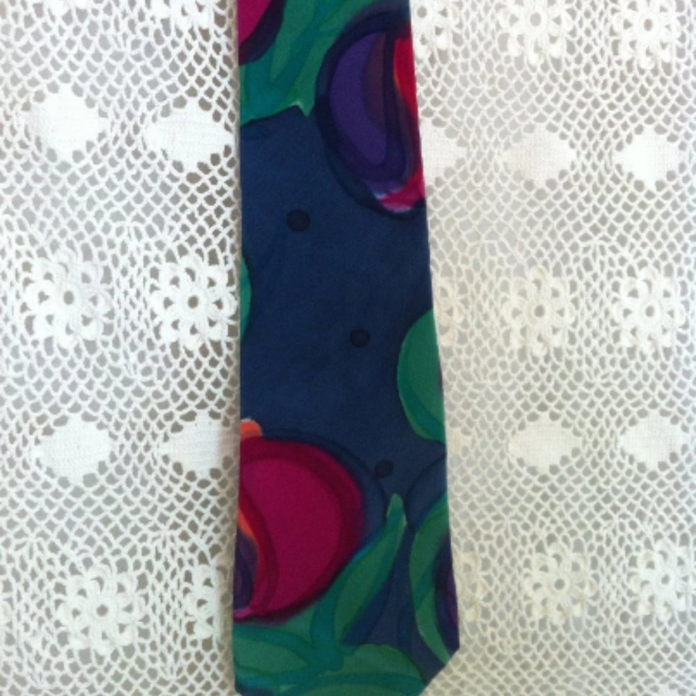 Vintage Blue Green Handmade Handpainted Silk Tie